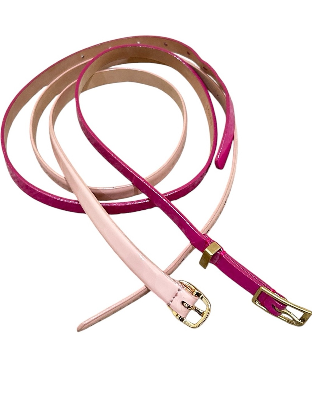 J crew pair thin patent Leather Belts Light Pink & Fuchsia gold buckles smalll